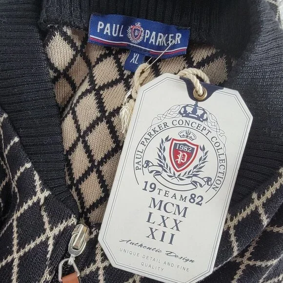 Paul Parker Mens XL Diamond Pattern Cardigan Sweater Black/Beige Full-Zip New
